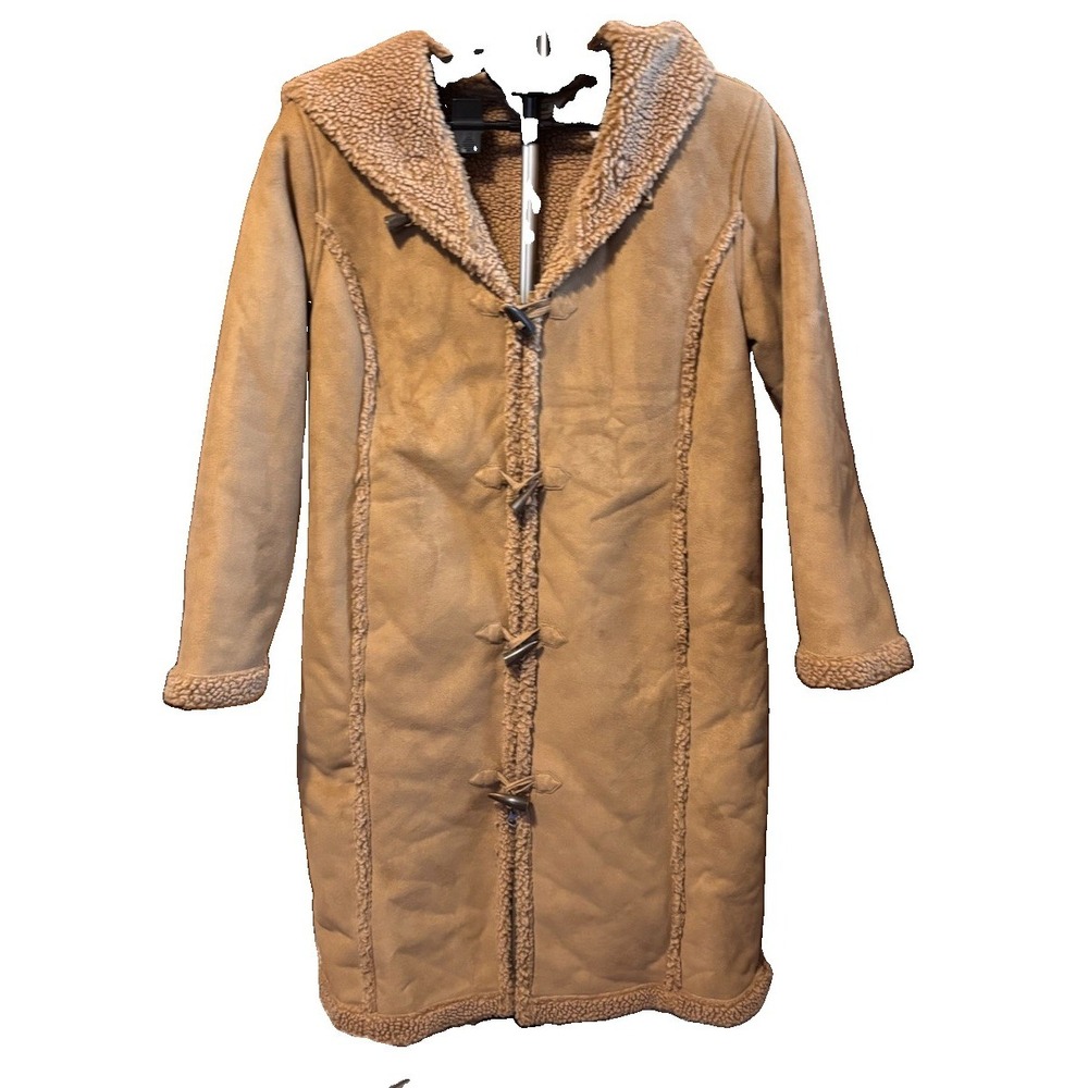 LL Bean Womens Petite L Tan Faux Suede Sherpa Shearling Long Coat Duffle Toggle